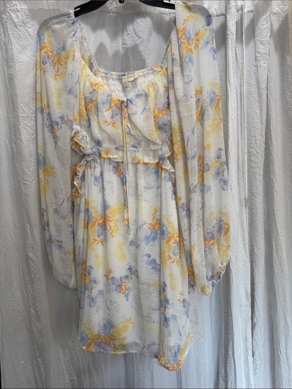 White Floral Mini Dress with Yellow and Light Blue Print